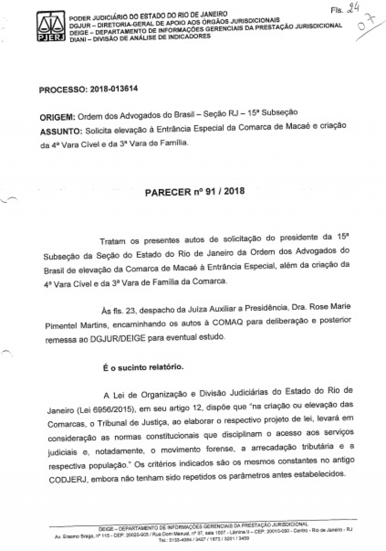 15ª Subseção recebe resposta do Tribunal de Justiça do Estado do Rio de Janeiro