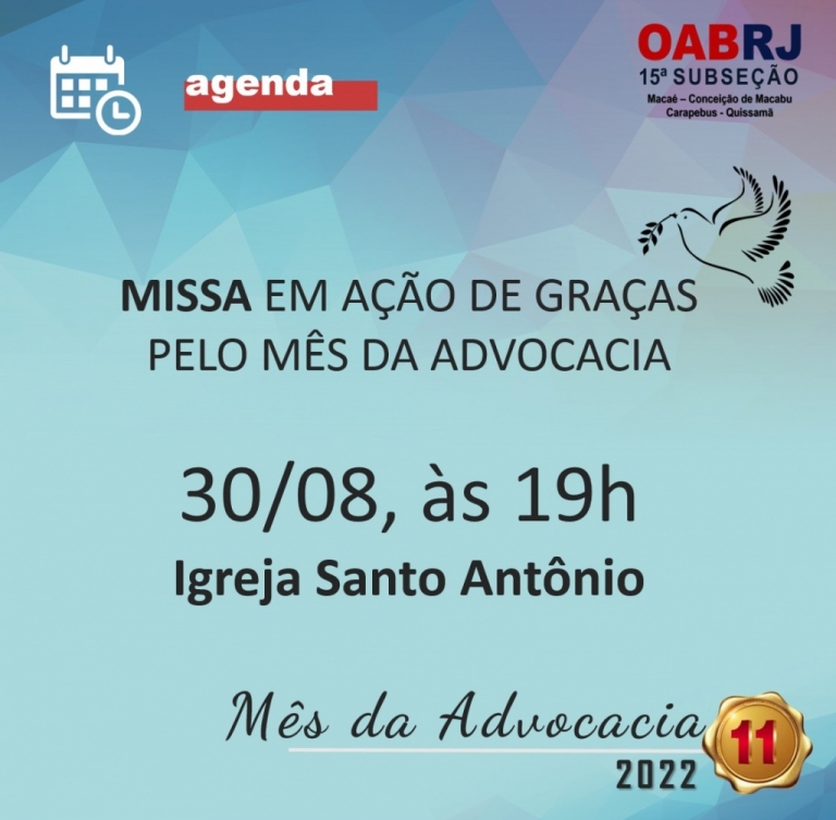 Missa em comemoração ao Dia do Advogado será no dia 30 de agosto