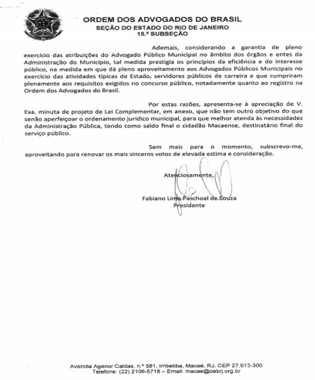 15ª contribui para a aprovação da mudança de nomenclatura e atribuições dos assistentes jurídicos da administração pública municipal de Macaé