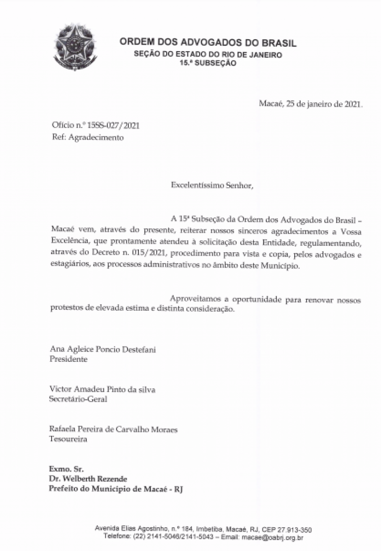 OFÍCIO DE AGRADECIMENTO - OAB | 15ª Subseção OFÍCIO DE AGRADECIMENTO - OAB | 15ª Subseção