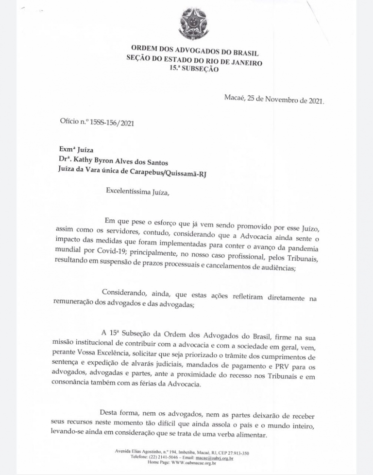 15ª Subseção solicita prioridade na expedição de alvará/mandado de pagamento e RPV