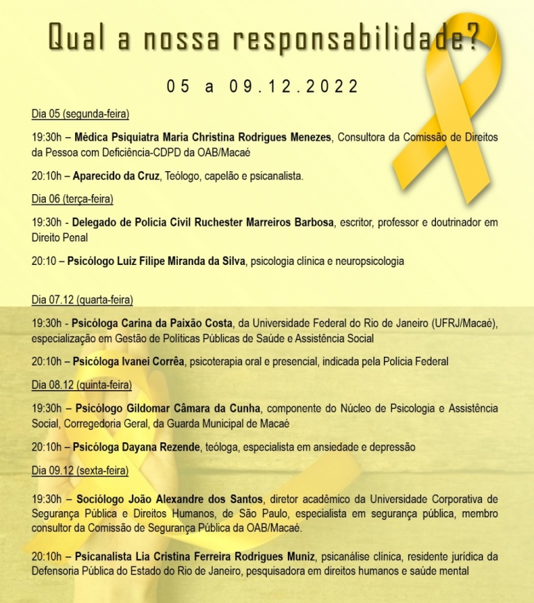 A OAB reúne profissionais de diversas áreas para conversar sobre saúde mental, depressão e suicídio