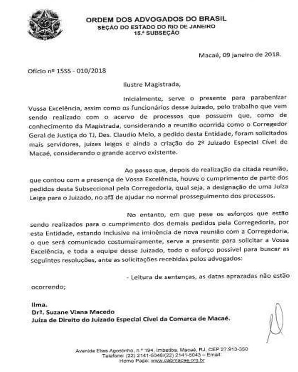 15ª solicita agilidade no andamento dos processos no Juizado Cível de Macaé